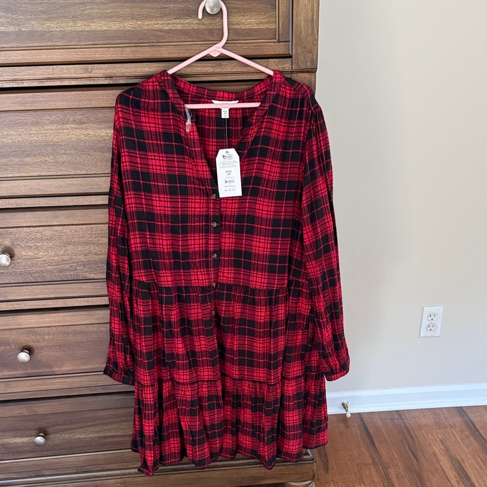 Time and Tru Red and Black Plaid Shirt Dress